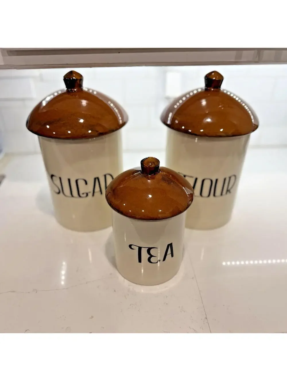 Vintage Holiday Designs USA Ceramic Canisters Flour Sugar Tea Mushroom Acorn MCM